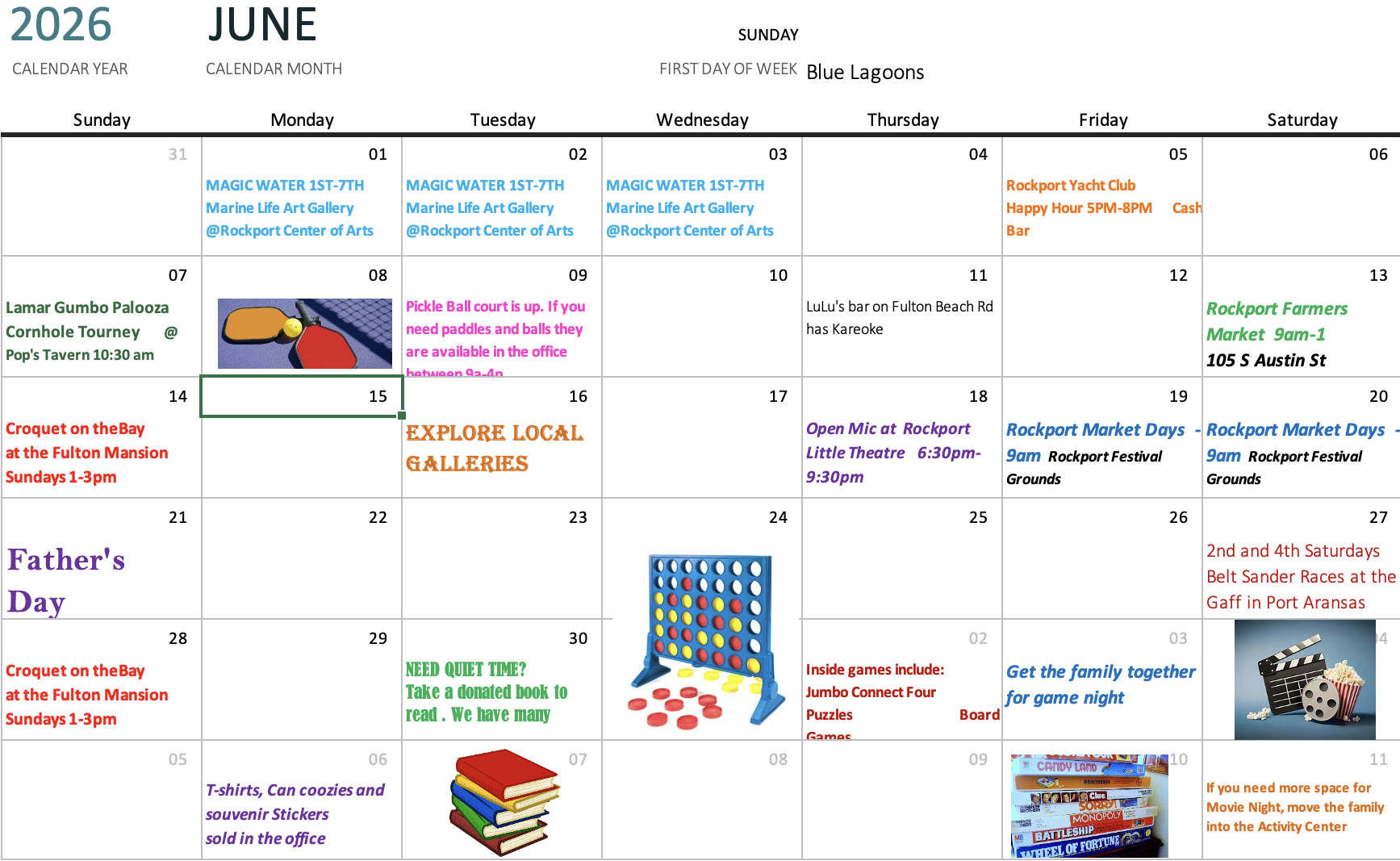 June 2026 calendar view with daily events; highlights include Rockport events on Friday the 5th and a bakery/arts gallery theme throughout the month.