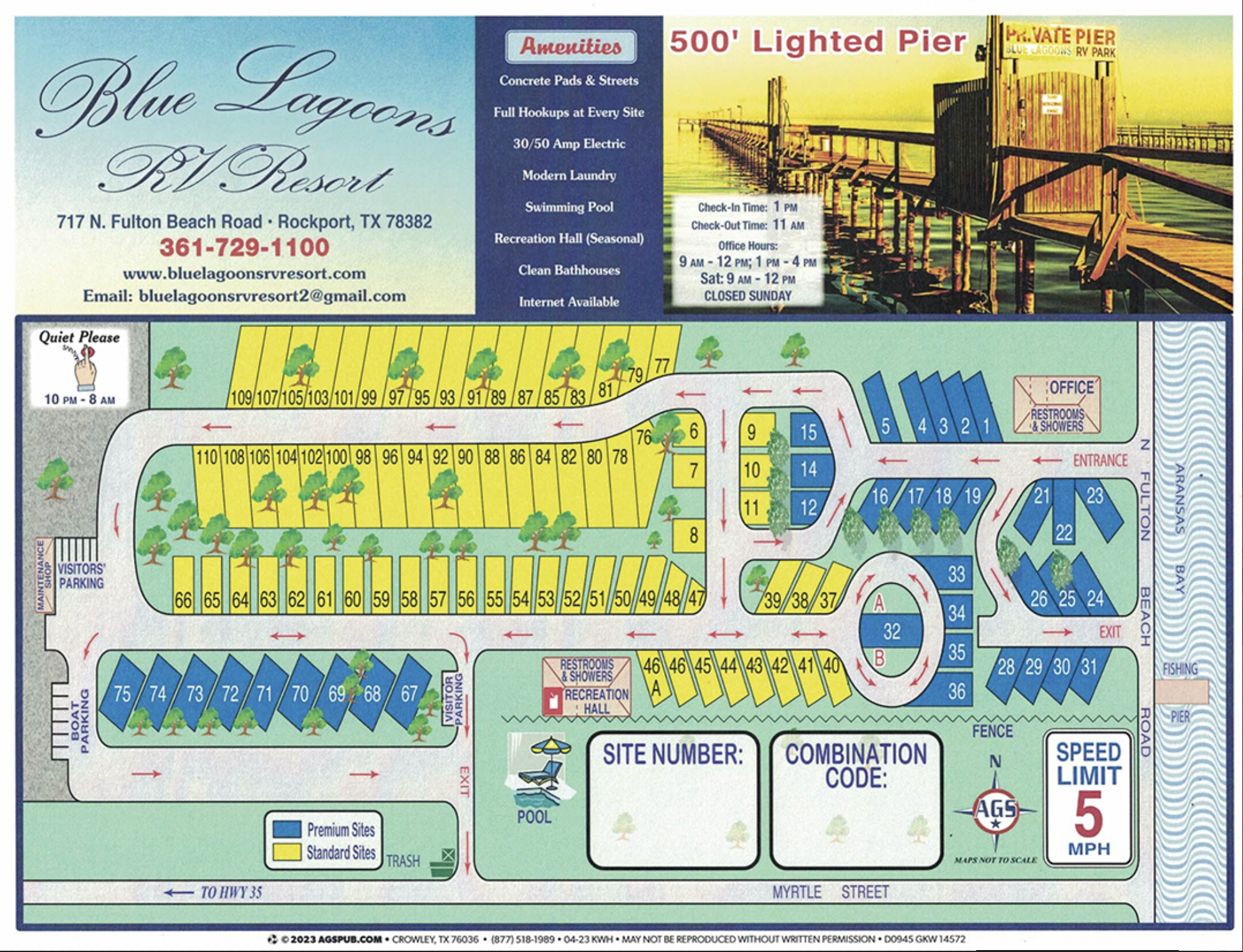 A colorful site map of a beachfront RV resort showing numbered lots, roads, trees, and entrances with a banner for Blue Lagoons RV Resort at the top and a 500' lit pier image on the right.