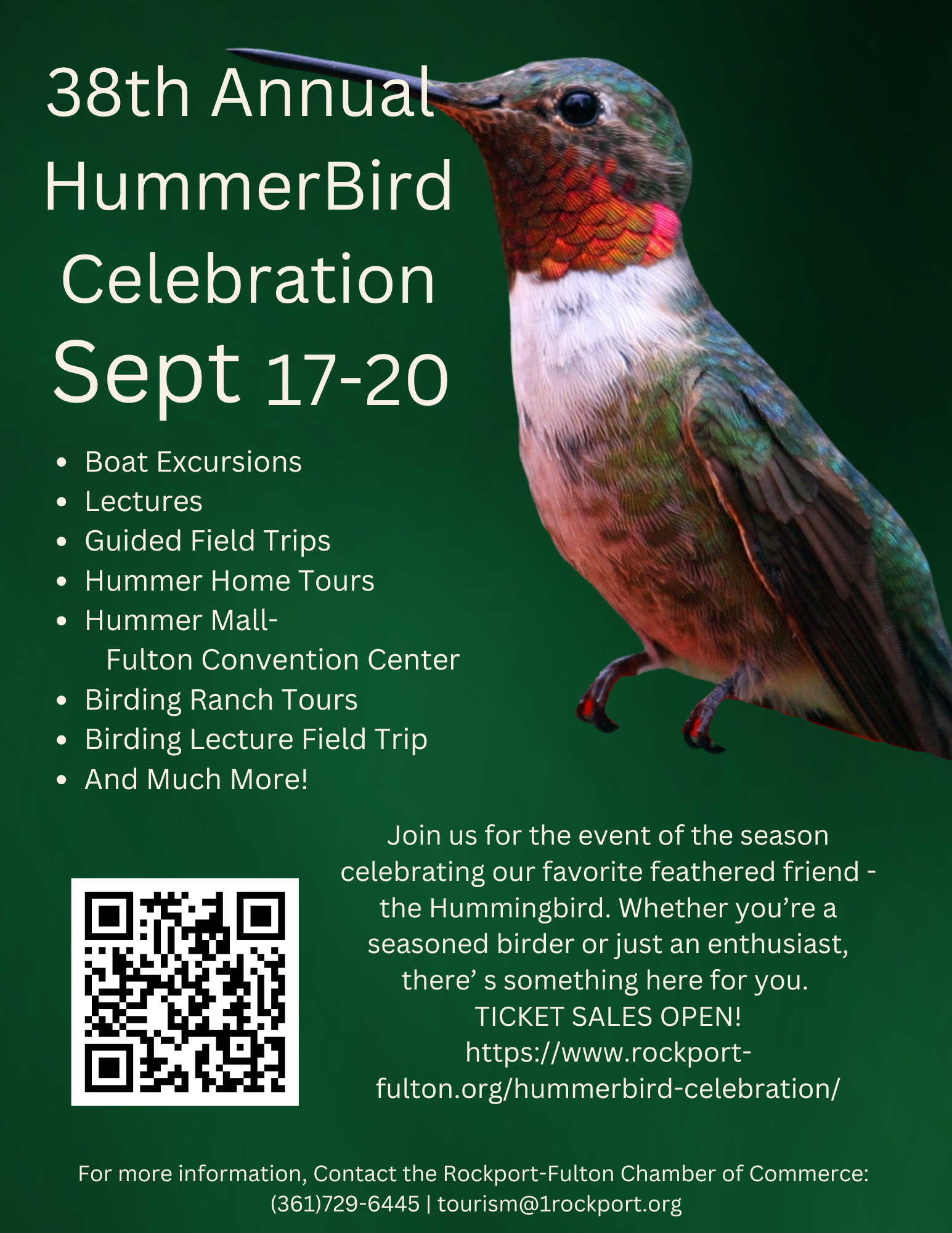 Poster announcing the 38th Annual HummerBird Celebration with dates Sept 17–20, featuring a hummingbird on a green background and a QR code for more information.